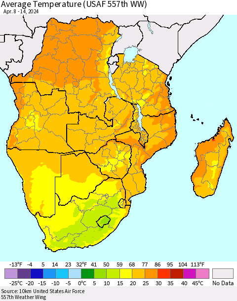 Southern Africa Average Temperature (USAF 557th WW) Thematic Map For 4/8/2024 - 4/14/2024