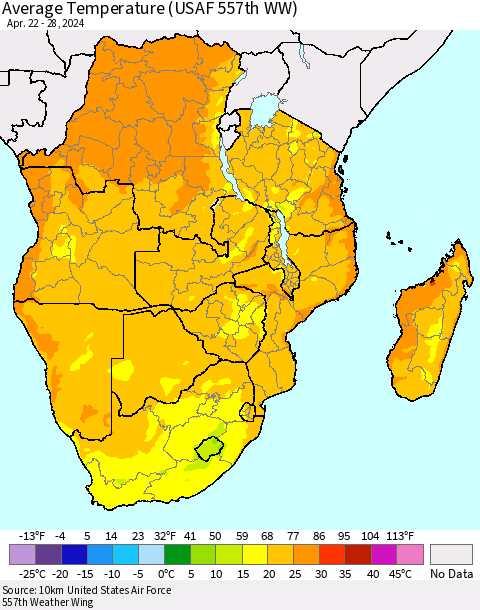 Southern Africa Average Temperature (USAF 557th WW) Thematic Map For 4/22/2024 - 4/28/2024