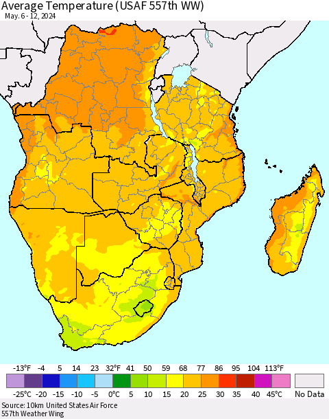 Southern Africa Average Temperature (USAF 557th WW) Thematic Map For 5/6/2024 - 5/12/2024