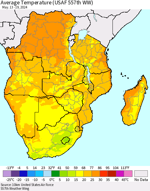 Southern Africa Average Temperature (USAF 557th WW) Thematic Map For 5/13/2024 - 5/19/2024