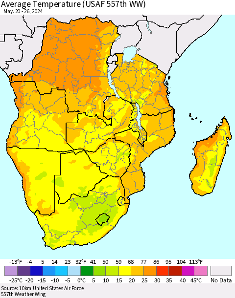 Southern Africa Average Temperature (USAF 557th WW) Thematic Map For 5/20/2024 - 5/26/2024