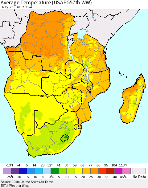 Southern Africa Average Temperature (USAF 557th WW) Thematic Map For 5/27/2024 - 6/2/2024