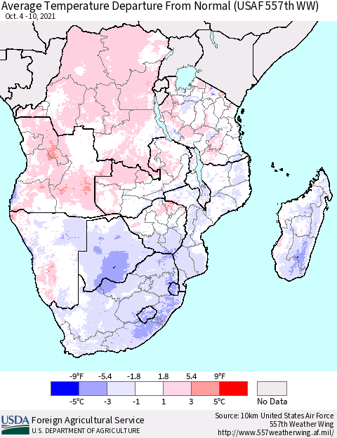 Southern Africa Average Temperature Departure from Normal (USAF 557th WW) Thematic Map For 10/4/2021 - 10/10/2021