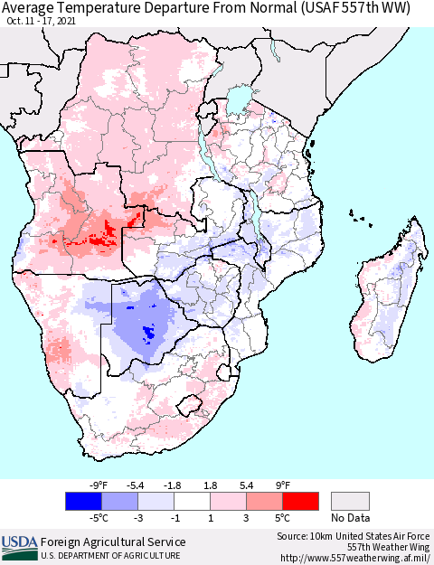 Southern Africa Average Temperature Departure from Normal (USAF 557th WW) Thematic Map For 10/11/2021 - 10/17/2021
