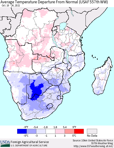 Southern Africa Average Temperature Departure from Normal (USAF 557th WW) Thematic Map For 10/18/2021 - 10/24/2021