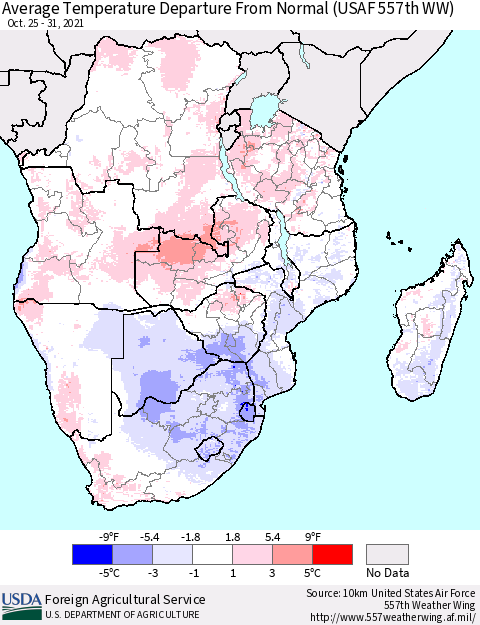 Southern Africa Average Temperature Departure from Normal (USAF 557th WW) Thematic Map For 10/25/2021 - 10/31/2021