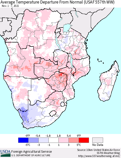 Southern Africa Average Temperature Departure from Normal (USAF 557th WW) Thematic Map For 11/1/2021 - 11/7/2021