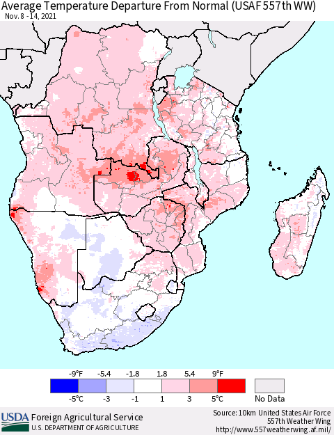 Southern Africa Average Temperature Departure from Normal (USAF 557th WW) Thematic Map For 11/8/2021 - 11/14/2021