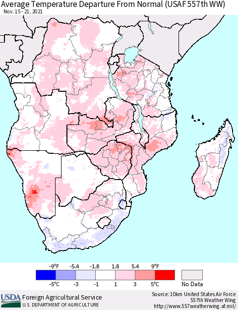 Southern Africa Average Temperature Departure from Normal (USAF 557th WW) Thematic Map For 11/15/2021 - 11/21/2021