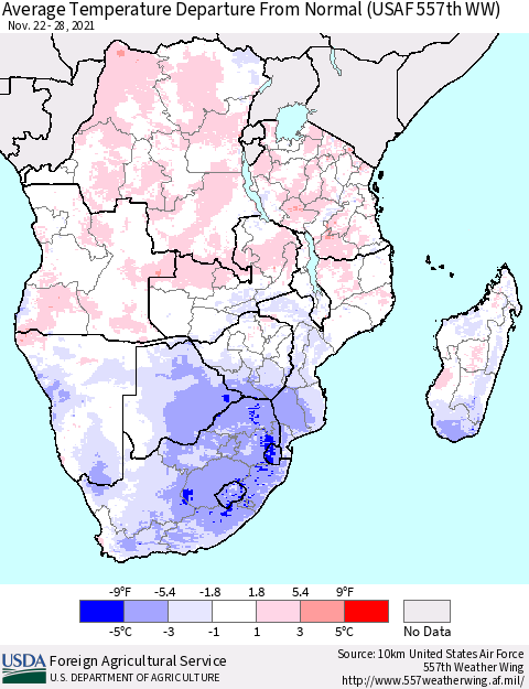 Southern Africa Average Temperature Departure from Normal (USAF 557th WW) Thematic Map For 11/22/2021 - 11/28/2021