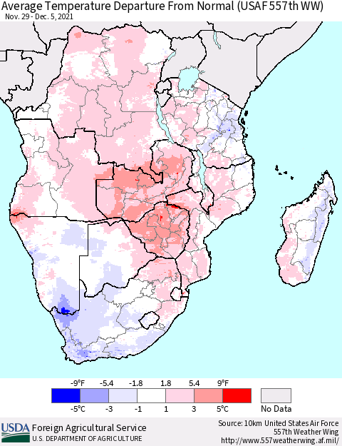 Southern Africa Average Temperature Departure from Normal (USAF 557th WW) Thematic Map For 11/29/2021 - 12/5/2021