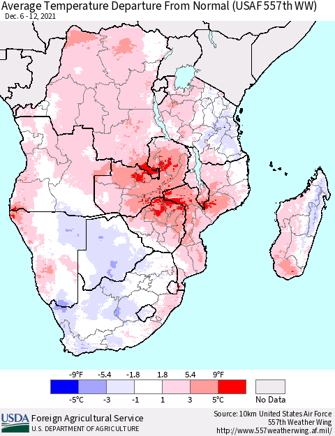 Southern Africa Average Temperature Departure from Normal (USAF 557th WW) Thematic Map For 12/6/2021 - 12/12/2021