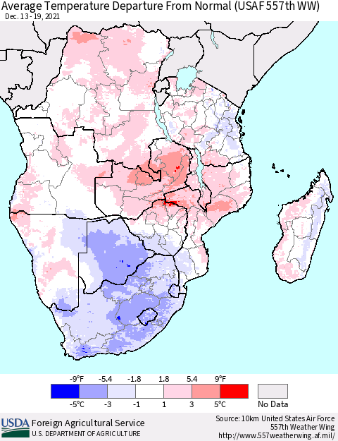 Southern Africa Average Temperature Departure from Normal (USAF 557th WW) Thematic Map For 12/13/2021 - 12/19/2021