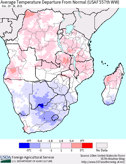 Southern Africa Average Temperature Departure from Normal (USAF 557th WW) Thematic Map For 12/20/2021 - 12/26/2021