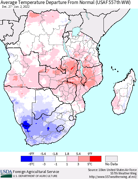Southern Africa Average Temperature Departure from Normal (USAF 557th WW) Thematic Map For 12/27/2021 - 1/2/2022