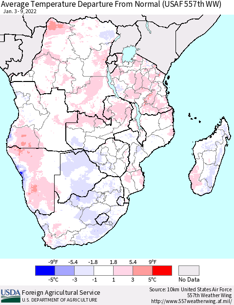 Southern Africa Average Temperature Departure from Normal (USAF 557th WW) Thematic Map For 1/3/2022 - 1/9/2022