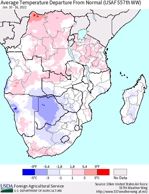 Southern Africa Average Temperature Departure from Normal (USAF 557th WW) Thematic Map For 1/10/2022 - 1/16/2022