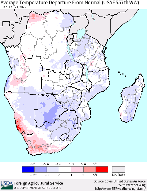 Southern Africa Average Temperature Departure from Normal (USAF 557th WW) Thematic Map For 1/17/2022 - 1/23/2022