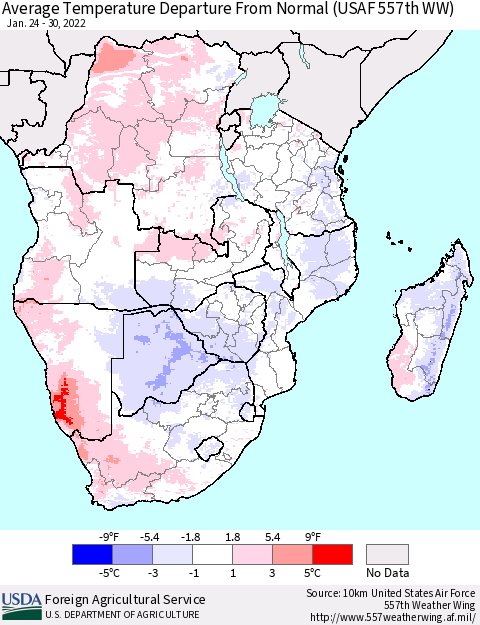 Southern Africa Average Temperature Departure from Normal (USAF 557th WW) Thematic Map For 1/24/2022 - 1/30/2022