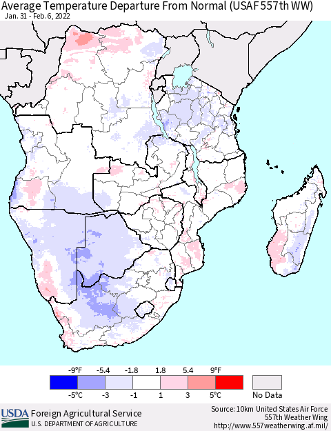 Southern Africa Average Temperature Departure from Normal (USAF 557th WW) Thematic Map For 1/31/2022 - 2/6/2022