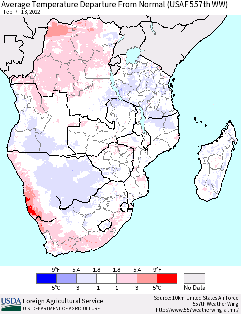 Southern Africa Average Temperature Departure from Normal (USAF 557th WW) Thematic Map For 2/7/2022 - 2/13/2022