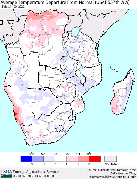 Southern Africa Average Temperature Departure from Normal (USAF 557th WW) Thematic Map For 2/14/2022 - 2/20/2022