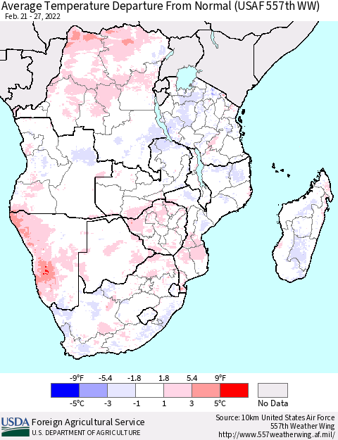 Southern Africa Average Temperature Departure from Normal (USAF 557th WW) Thematic Map For 2/21/2022 - 2/27/2022