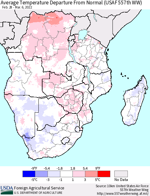 Southern Africa Average Temperature Departure from Normal (USAF 557th WW) Thematic Map For 2/28/2022 - 3/6/2022