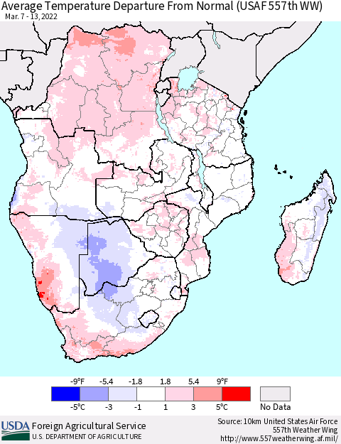 Southern Africa Average Temperature Departure from Normal (USAF 557th WW) Thematic Map For 3/7/2022 - 3/13/2022