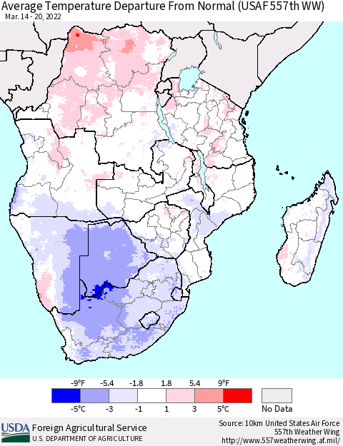 Southern Africa Average Temperature Departure from Normal (USAF 557th WW) Thematic Map For 3/14/2022 - 3/20/2022