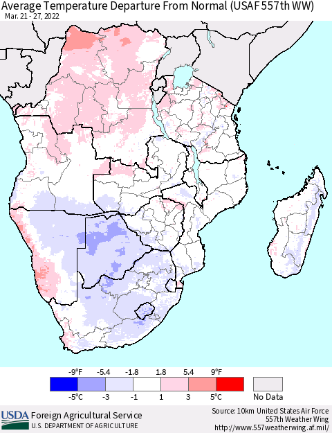 Southern Africa Average Temperature Departure from Normal (USAF 557th WW) Thematic Map For 3/21/2022 - 3/27/2022