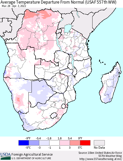 Southern Africa Average Temperature Departure from Normal (USAF 557th WW) Thematic Map For 3/28/2022 - 4/3/2022