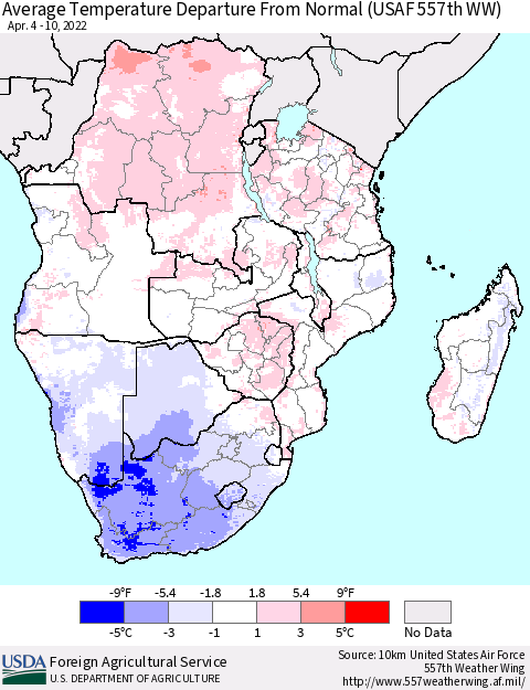 Southern Africa Average Temperature Departure from Normal (USAF 557th WW) Thematic Map For 4/4/2022 - 4/10/2022