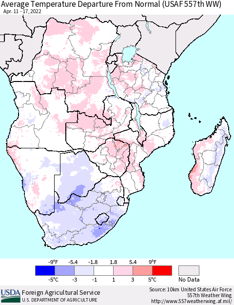 Southern Africa Average Temperature Departure from Normal (USAF 557th WW) Thematic Map For 4/11/2022 - 4/17/2022