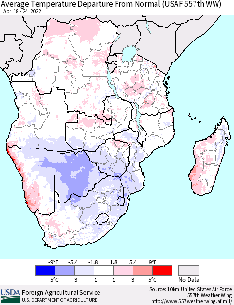Southern Africa Average Temperature Departure from Normal (USAF 557th WW) Thematic Map For 4/18/2022 - 4/24/2022