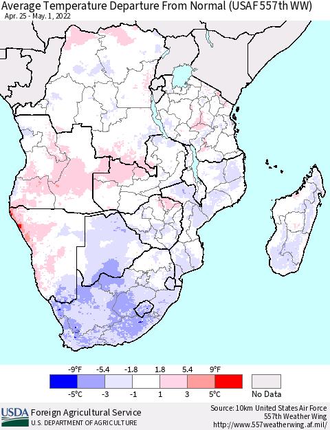 Southern Africa Average Temperature Departure from Normal (USAF 557th WW) Thematic Map For 4/25/2022 - 5/1/2022