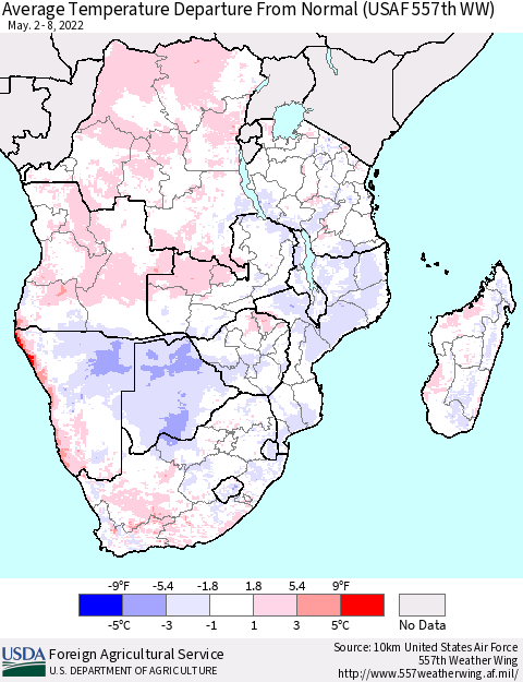 Southern Africa Average Temperature Departure from Normal (USAF 557th WW) Thematic Map For 5/2/2022 - 5/8/2022