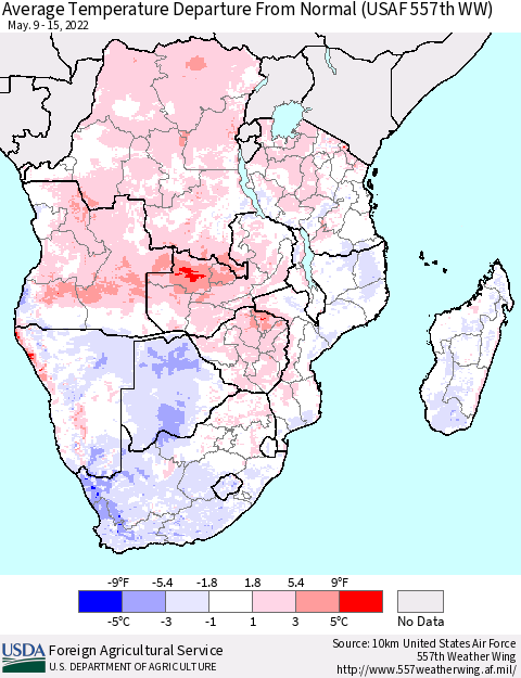 Southern Africa Average Temperature Departure from Normal (USAF 557th WW) Thematic Map For 5/9/2022 - 5/15/2022