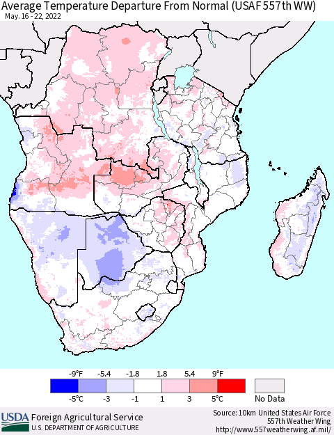 Southern Africa Average Temperature Departure from Normal (USAF 557th WW) Thematic Map For 5/16/2022 - 5/22/2022