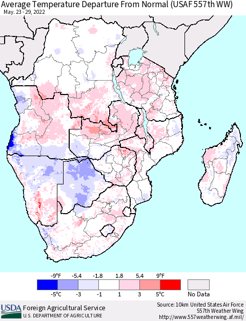 Southern Africa Average Temperature Departure from Normal (USAF 557th WW) Thematic Map For 5/23/2022 - 5/29/2022