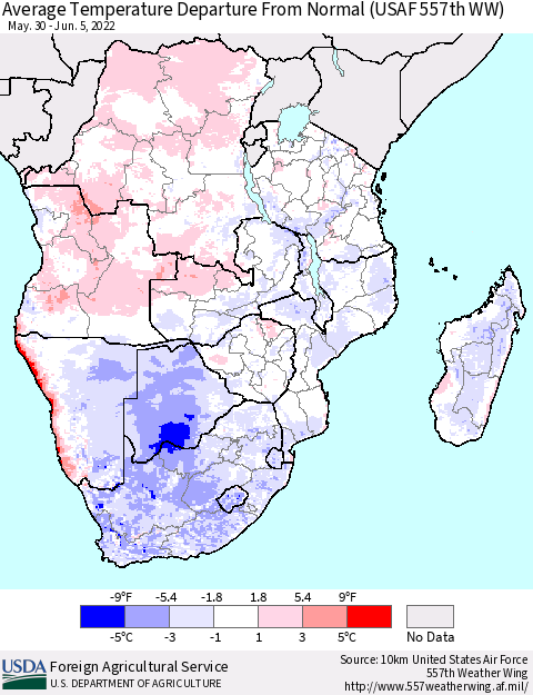 Southern Africa Average Temperature Departure from Normal (USAF 557th WW) Thematic Map For 5/30/2022 - 6/5/2022