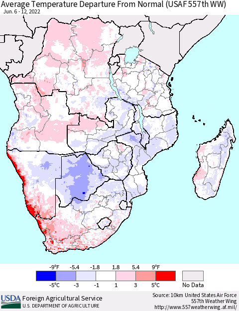 Southern Africa Average Temperature Departure from Normal (USAF 557th WW) Thematic Map For 6/6/2022 - 6/12/2022