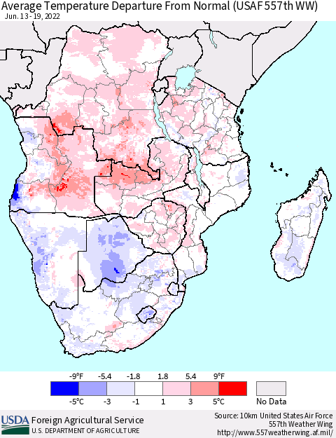 Southern Africa Average Temperature Departure from Normal (USAF 557th WW) Thematic Map For 6/13/2022 - 6/19/2022