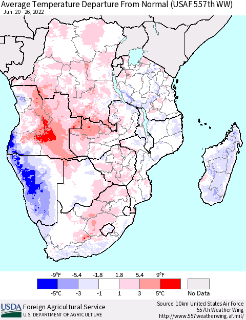 Southern Africa Average Temperature Departure from Normal (USAF 557th WW) Thematic Map For 6/20/2022 - 6/26/2022