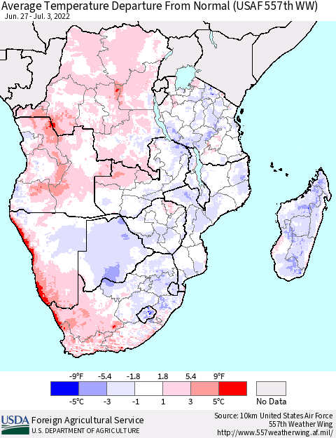Southern Africa Average Temperature Departure from Normal (USAF 557th WW) Thematic Map For 6/27/2022 - 7/3/2022
