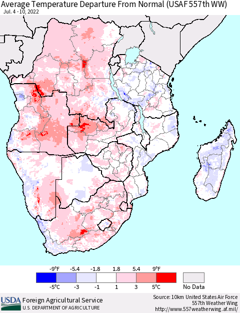 Southern Africa Average Temperature Departure from Normal (USAF 557th WW) Thematic Map For 7/4/2022 - 7/10/2022