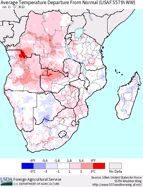 Southern Africa Average Temperature Departure from Normal (USAF 557th WW) Thematic Map For 7/11/2022 - 7/17/2022