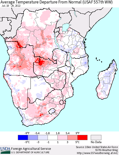 Southern Africa Average Temperature Departure from Normal (USAF 557th WW) Thematic Map For 7/18/2022 - 7/24/2022
