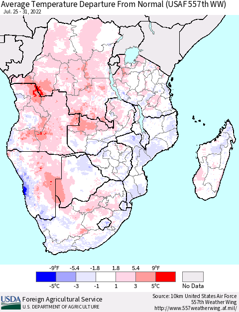 Southern Africa Average Temperature Departure from Normal (USAF 557th WW) Thematic Map For 7/25/2022 - 7/31/2022