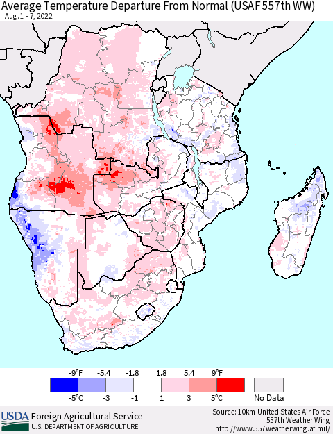 Southern Africa Average Temperature Departure from Normal (USAF 557th WW) Thematic Map For 8/1/2022 - 8/7/2022